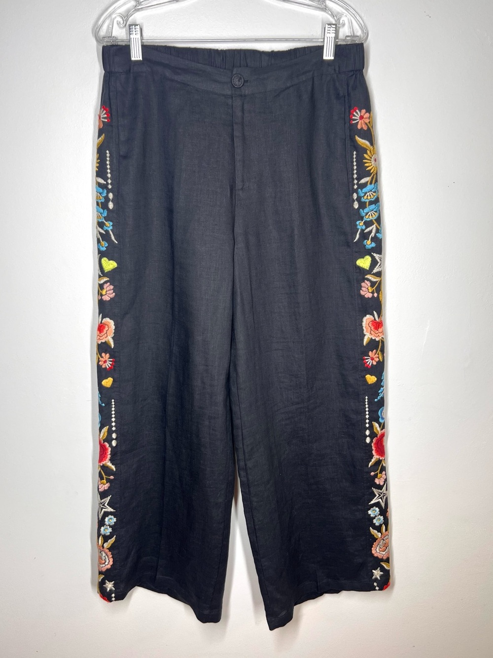 Johnny Was Maris Effortless Embroidered Linen Wide Leg Pant in Black Sz M - Picture 2 of 8